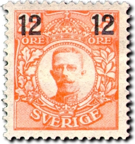 Gustaf V i medaljong - Provisorier, påtryck, F100, 12 öre påtryck på F86 (25 öre), Orange